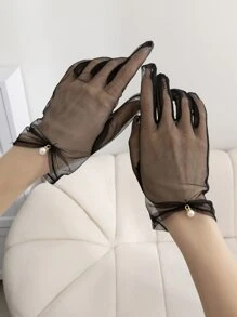 Faux Pearl Decor Gloves - Black - View 1
