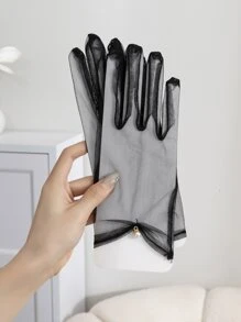 Faux Pearl Decor Gloves - Black - View 2