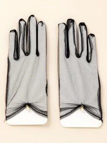 Faux Pearl Decor Gloves - Black - View 3