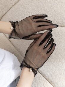 Faux Pearl Decor Gloves - Black - View 5