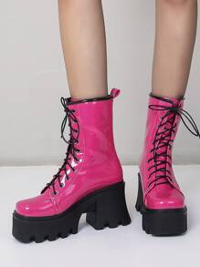 Neon-pink Lace-up Front Platform Combat Boots - Hot Pink - View 2