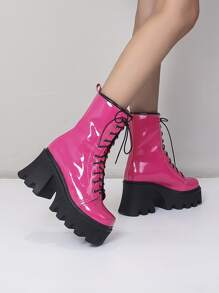 Neon-pink Lace-up Front Platform Combat Boots - Hot Pink - View 3