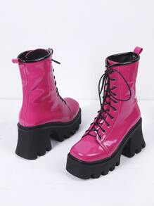 Neon-pink Lace-up Front Platform Combat Boots - Hot Pink - View 4