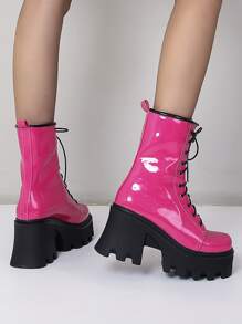 Neon-pink Lace-up Front Platform Combat Boots - Hot Pink - View 5