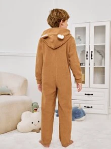 Boys Colourblock 3D Ear Design Hooded Flannel Sleep Jumpsuit - Camel - View 2
