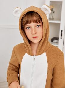 Boys Colourblock 3D Ear Design Hooded Flannel Sleep Jumpsuit - Camel - View 4