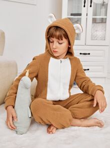 Boys Colourblock 3D Ear Design Hooded Flannel Sleep Jumpsuit - Camel - View 1