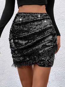 High Waist Sequins Bodycon Skirt - Black - View 1