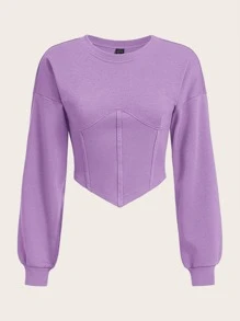 SHEIN EZwear Solid Drop Shoulder Hanky Hem Crop Sweatshirt - Lilac Purple - View 1