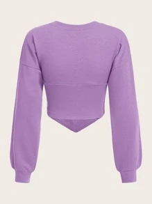 SHEIN EZwear Solid Drop Shoulder Hanky Hem Crop Sweatshirt - Lilac Purple - View 2
