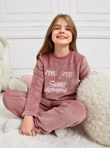 Conjunto de top de manga larga con estampado de letras y pantalones para uso en casa para niñas preadolescentes - Rosa vieja - Ver 1