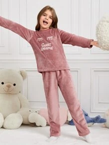 Conjunto de top de manga larga con estampado de letras y pantalones para uso en casa para niñas preadolescentes - Rosa vieja - Ver 3