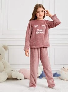 Conjunto de top de manga larga con estampado de letras y pantalones para uso en casa para niñas preadolescentes - Rosa vieja - Ver 4