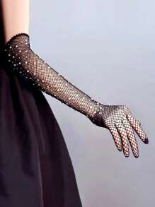 Găng tay hở ngón trang trí bằng kim cương giả - màu đen - Xem 2