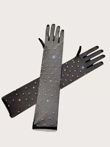 Găng tay hở ngón trang trí bằng kim cương giả - màu đen - Xem 3