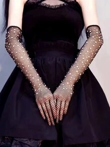 Găng tay hở ngón trang trí bằng kim cương giả - màu đen - Xem 5