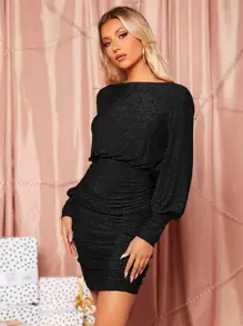 SHEIN BAE Draped Chain Detail Backless Ruched Glitter Bodycon Dress - Black - View 1