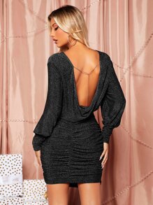 SHEIN BAE Draped Chain Detail Backless Ruched Glitter Bodycon Dress - Black - View 3