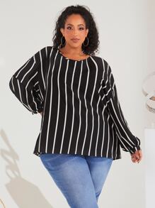SHEIN CURVE+ 大碼條紋印花燈籠袖襯衫 - 黑色 - 查看 3