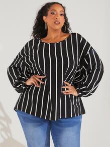 SHEIN CURVE+ 大碼條紋印花燈籠袖襯衫 - 黑色 - 查看 1