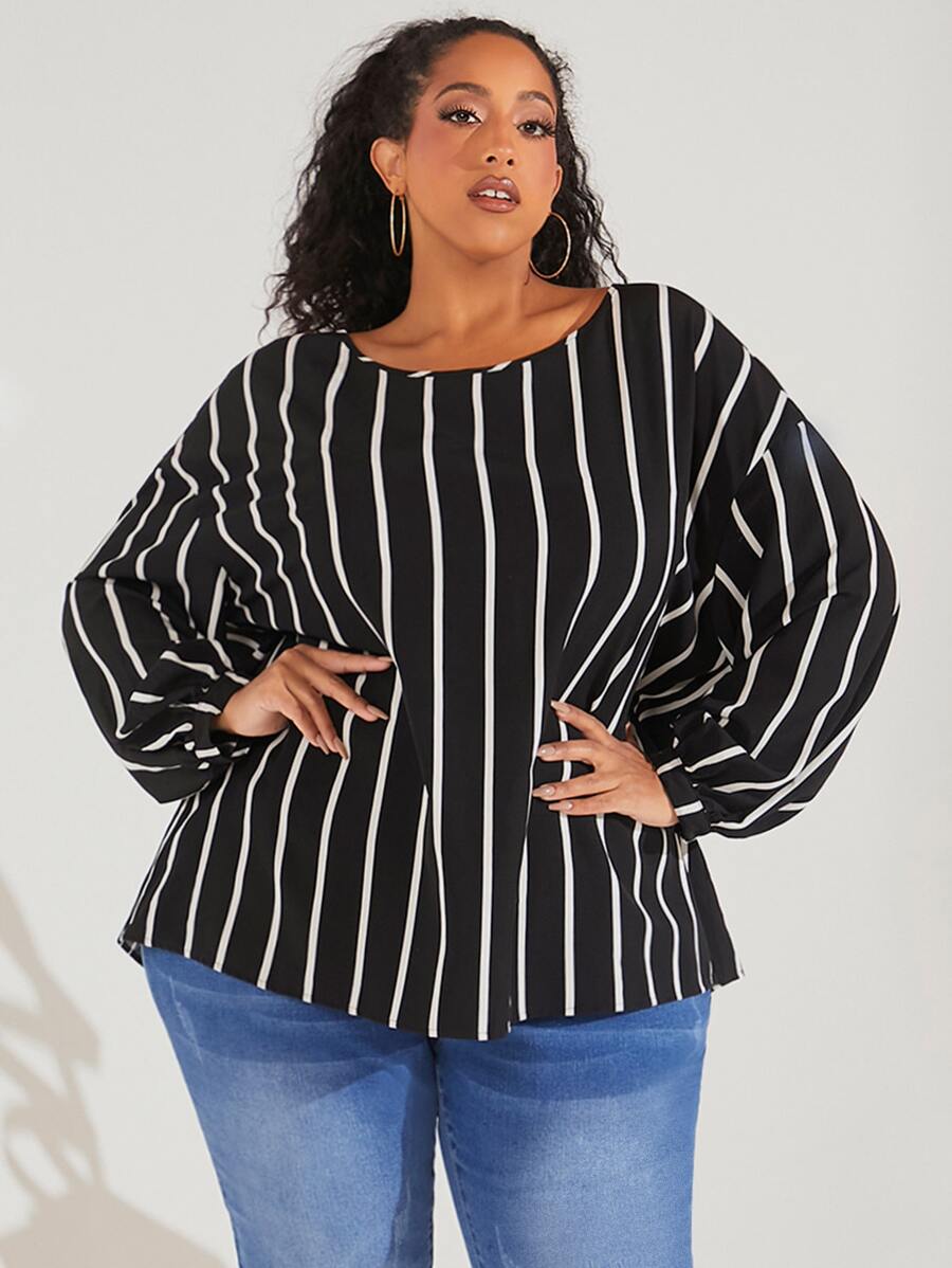 SHEIN CURVE+ 大碼條紋印花燈籠袖襯衫 - 黑色 - 查看 1