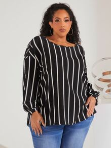 SHEIN CURVE+ 大碼條紋印花燈籠袖襯衫 - 黑色 - 查看 4