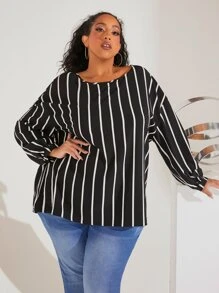 SHEIN CURVE+ 大碼條紋印花燈籠袖襯衫 - 黑色 - 查看 5