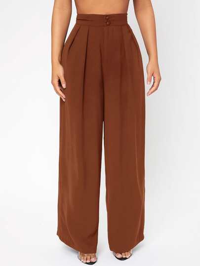 SHEIN PETITE High Waist Plicated Wide Leg Pants ,Petite Women