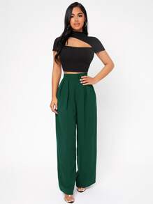 SHEIN PETITE High Waist Plicated Wide Leg Trousers - Dark Green - View 4