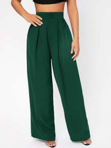 SHEIN PETITE High Waist Plicated Wide Leg Trousers - Dark Green - View 5
