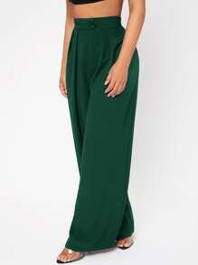 SHEIN PETITE High Waist Plicated Wide Leg Trousers - Dark Green - View 6