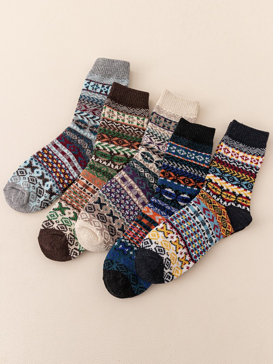 5pairs Men Geo Print Crew Socks - Multicolor - View 1