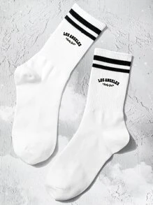 Striped & Letter Graphic Crew Socks - Black and White - View 1