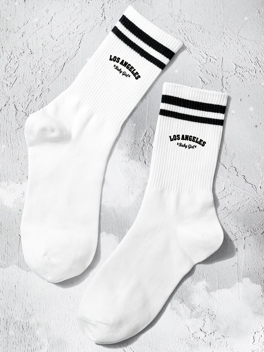 Striped & Letter Graphic Crew Socks - Black and White - View 1