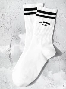 Striped & Letter Graphic Crew Socks - Black and White - View 2