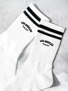 Striped & Letter Graphic Crew Socks - Black and White - View 3