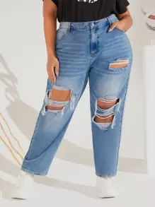 SHEIN CURVE+ Jeans desgarro - Azul lavado medio - Ver 1