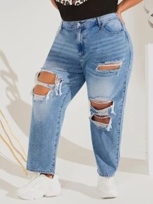 SHEIN CURVE+ Jeans desgarro - Azul lavado medio - Ver 3