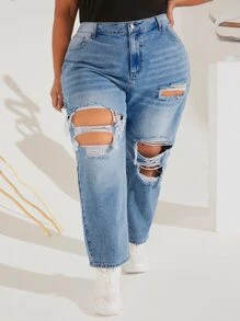 SHEIN CURVE+ Jeans desgarro - Azul lavado medio - Ver 2