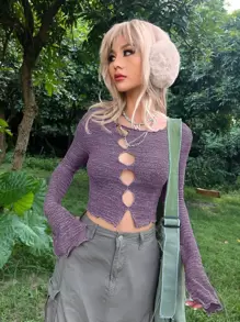 ROMWE PUNK Áo thun nữ Cắt ra Xù nhỏ Chia màu trơn Gợi cảm - Màu tím - Xem 1