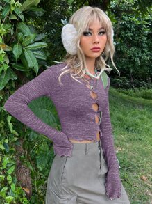 ROMWE PUNK Áo thun nữ Cắt ra Xù nhỏ Chia màu trơn Gợi cảm - Màu tím - Xem 4