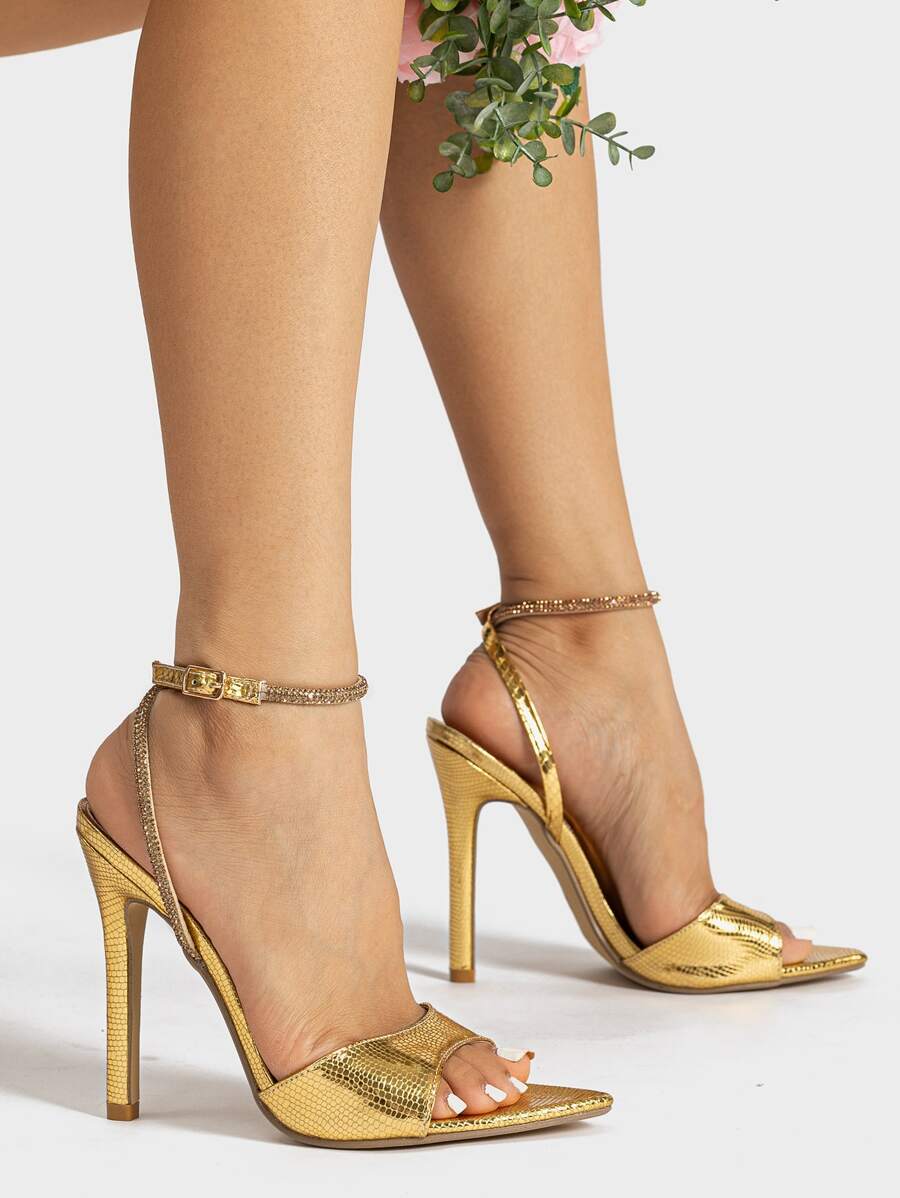 Xăng đan Cao gót Nữ Pha lê kim cương In cá sấu Dây đeo mắt cá chân Hấp dẫn - Vàng - Xem 1