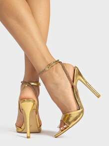 Xăng đan Cao gót Nữ Pha lê kim cương In cá sấu Dây đeo mắt cá chân Hấp dẫn - Vàng - Xem 2