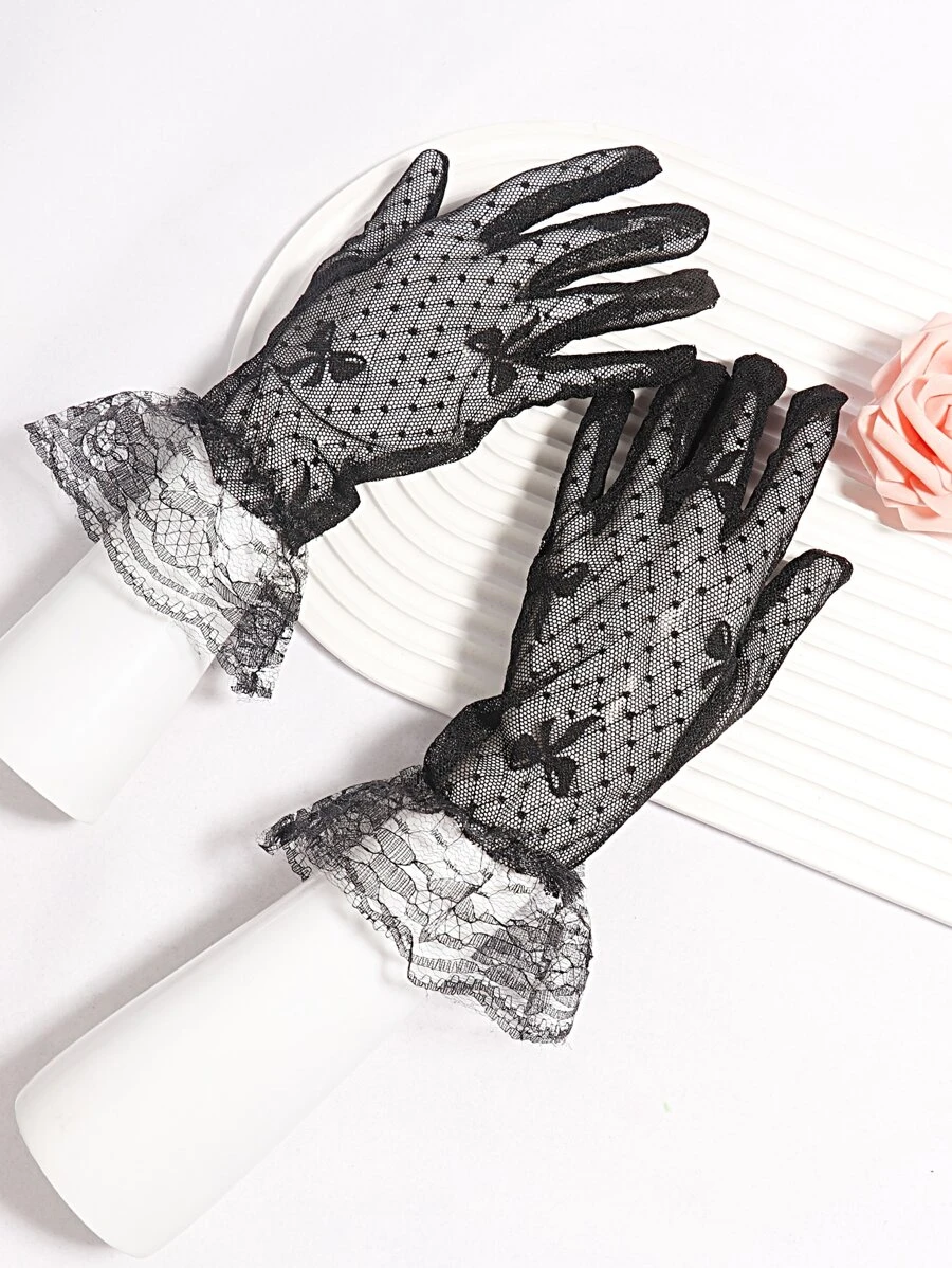 Guantes con patrón de lazo con encaje - Negro - Ver 1