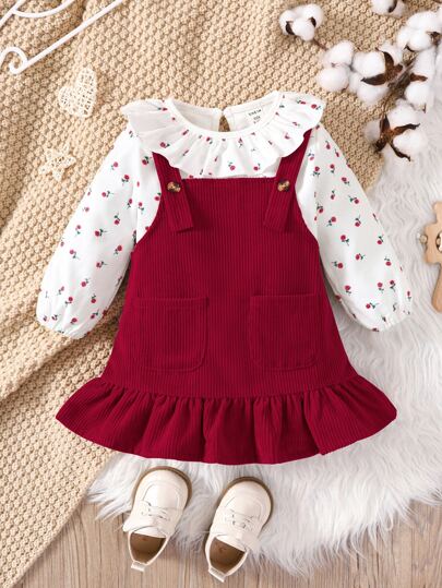 SHEIN 嬰幼兒女孩小花印花荷葉邊上衣和灰色斜紋棉口袋拼接連身裙