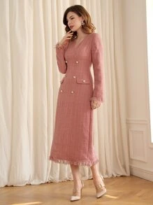 Modelyn Double Breasted Contrast Fringe Tweed Dress - Coral Pink - View 1