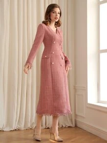 Modelyn Double Breasted Contrast Fringe Tweed Dress - Coral Pink - View 4