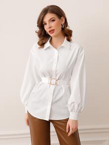 Modelyn Lantern Sleeve Buckle Belted Shirt - White - View 2