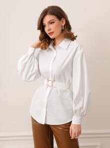 Modelyn Lantern Sleeve Buckle Belted Shirt - White - View 1