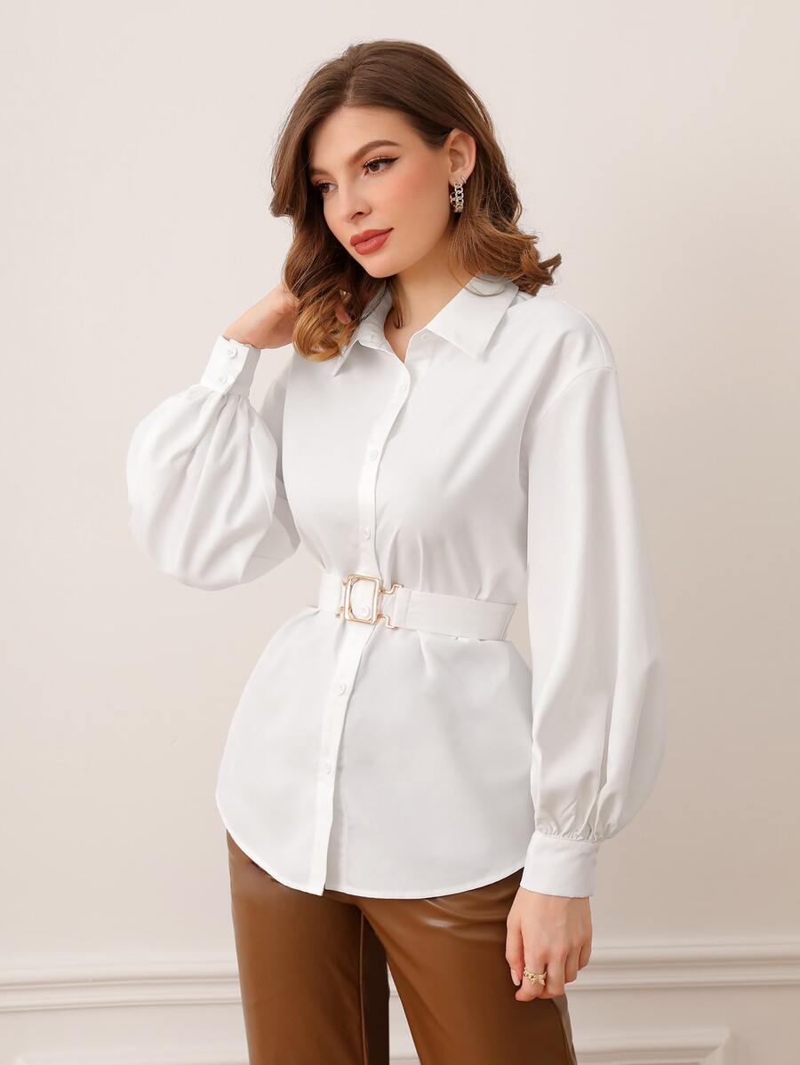 Modelyn Lantern Sleeve Buckle Belted Shirt - White - View 1